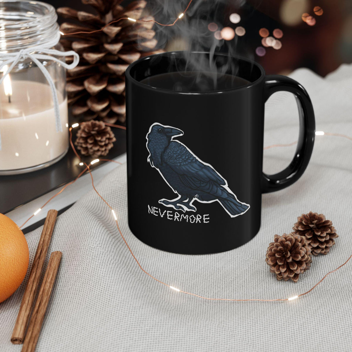 Elegant Black Mug for Coffee Lovers, Raven, Poe, Unique Gift for Mom, Birthday Celebration, Christmas, Home Decor, Minimalist Style