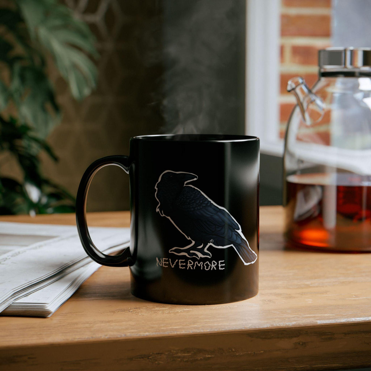 Elegant Black Mug for Coffee Lovers, Raven, Poe, Unique Gift for Mom, Birthday Celebration, Christmas, Home Decor, Minimalist Style